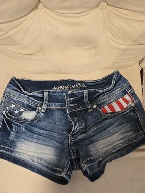 Almost Famous Dark Blue Denim Shorts with American Flag Pocket Detail